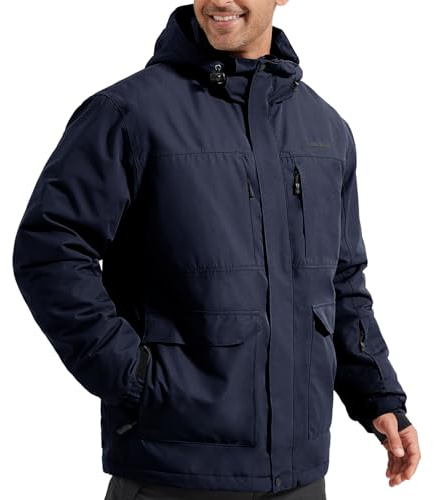 FREE SOLDIER Veste de ski imperméable pour homme avec doublure en polaire, col neige chaud pour l'hiver avec capuche et coutures entièrement étanches, Bleu Profond, M