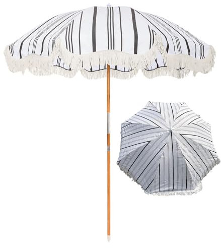 XQJLBZA Ombrellone da Giardino Ø200 CM Portatile con Nappa, Ombrellone da Spiaggia UV50+, Funzione di Inclinazione, Palo in Acciaio effetto Legno