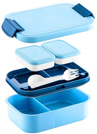 Marsred Brotdose mit Fächern,1300ML Lunchbox Kinder, Auslaufsicher Bento Box mit Bestectset, Brotbox für Erwachsene, Büro, Schule (Blau)