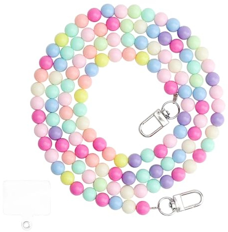 APOMOONS Handykette Perlen Lang, Acryl-Perlen Handykette Bunt Handytasche Zum Umhängen, Handyanhänger mit Transparent Patch Handy Umhängeband Zubehör