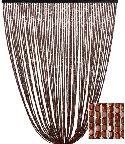 Tenda Perline Legno Marrone Handmade Natura - Fili Bamboo 100% Naturale - Asta Nera - Uso Interno - Decorazione Porta - Cm. 100x220