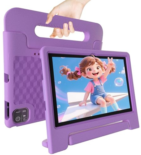 NRKDUBQ 2025 Latest 10.1 inch Kids Tablet Android 15 Tablets for Kids with EVA Protective Case 8GB RAM 64GB Storage Toddler Tablet, Parental Controls, 12-hr Battery, WiFi, GPS, Purple