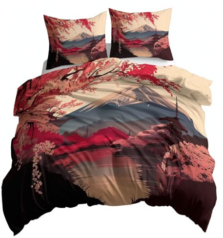 XCQHZYQ Parure de Lit 3 Pièces en Microfibre pour Enfants Paysage Japonais Montagnes Cerisiers en Fleurs, Beige Housse de Couette 1 Personne Garcon et Fille 140x200 cm Ensemble de Literie