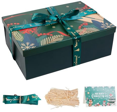 Large Christmas Boxes with Lids for Present,11.3x8.2x4.1In Christmas Boxes for Gifts with Card,Ribbon and Crinkle Paper (Green)