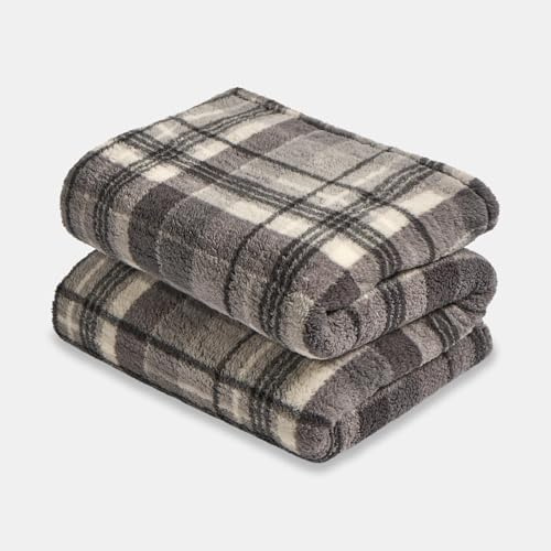 OHS Fleece Throw Blanket for Sofa, Super Soft Warm Winter Check Teddy Fleece Blanket for Bed Comfy Lightweight Double Bed Throws Over Sofas Couch, Charcoal Grey - 150 x 200cm