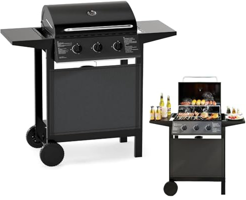 KOMFOTTEU Barbecue à Gaz avec 3 Brûleurs & Thermomètre, 24,000 BTU, Barbecue Extérieur, 2 Plans Latérales, Grille de Barbecue, 2 Roulettes, BBQ pour Jardin, Camping, Cour, 106 x 47 x 98 cm