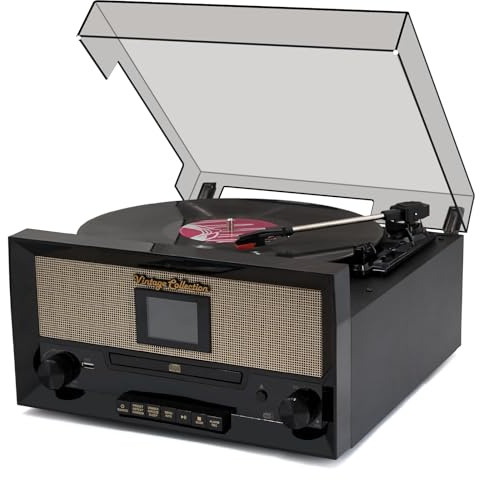 9-in-1 Record Player with Dual Stereo Built-in Speakers, 3-Speed Wireless Vinyl Turntable with CD Disc, PLL FM/DAB Radio Combo, USB Playback & Recording, Headphone Jack, AUX IN & RCA Line Out