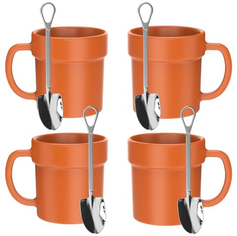 Covzoe 4 Pack Gardening Mugs, 12 Oz Plant Pot Mug With 4 Shovel Spoons, Novelty Ceramic Coffee Mug Gift for Gardeners, Plant Lovers, Men, Women, Christmas, Birthday