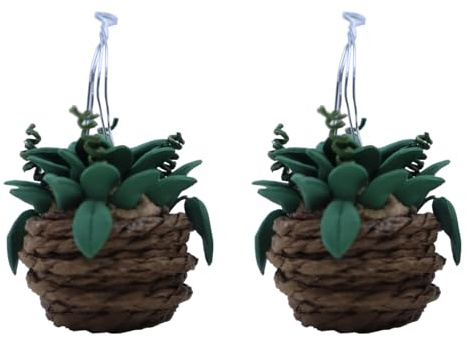 Durlo 2Pcs 1/12 Scale Dolls House Miniature Hanging Basket Plants Dollhouse Accessories Dark Green Mini Indoor Outdoor Decor Simulation Potted Plant