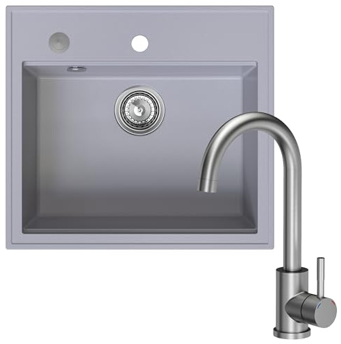 SINK QUALITY Spülbecken Grau mit Armatur Set 56 x 51 cm - Spüle mit Wasserhahn, Siphon PUSH, Abtropfgestell, Imprägniermittel - Küchenspüle Komplettset für 60er Unterschrank