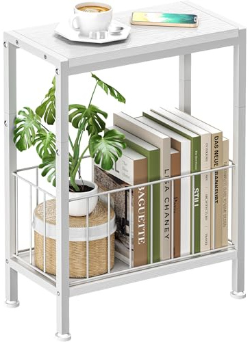 Lifenite Beistelltisch schmal, Schmaler Beistelltisch mit Zeitschriftenhalter, 2 Ablagen Nachttisch Schmal, Couchtisch klein für für Wohnzimmer, Schlafzimmer, Arbeitszimmer, 20x 43 x 58 cm (Weiß)