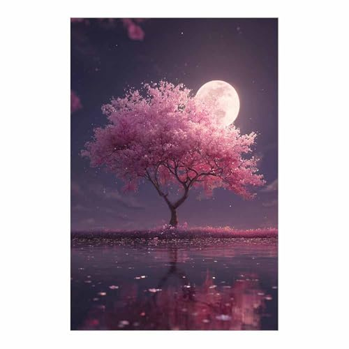 XENIOU lebensbaum deko Magenta-Kirschbaum-Nacht wandbilder modern, leinwand bilder, für Wohnzimmer, Schlafzimmer, Büro, drinnen.(Mehrfarbig)-40x60cm Ungerahmt
