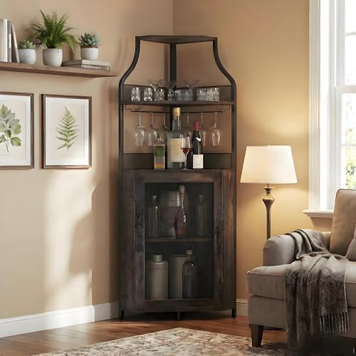 JOLLYTOP Eck-Weinschrank 154 cm – Bar Schrank Im Industrial Design Mit Glashalter, Gittertür & Verstellbaren Regalen – Platzsparender Eck-Barschrank Für Wohnzimmer, Küche & Esszimmer，Feuerrot