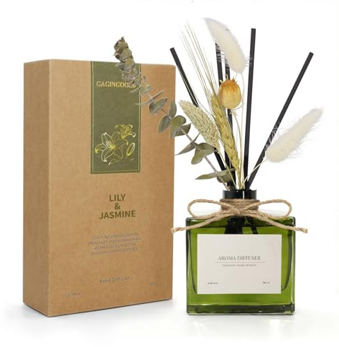 Reed Diffuser, Jasmine Lily Scented Oil with 10 Sticks & Decor Flower 180ml | 120 Days Long Lasting Air Freshener Home Fragrance for Bedroom Bathroom Living Room Office Decor