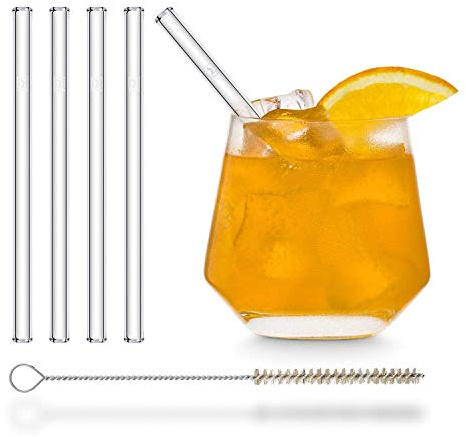 HALM Glas Strohhalme kurz - 4 Stück gerade 15 cm - Glasstrohalme Set Wiederverwendbar + plastik-freie Reinigungsbürste - Glas-Trinkhalme für Cocktail Gläser, Kinder Trinkgläser - Smoothie Strohhalme