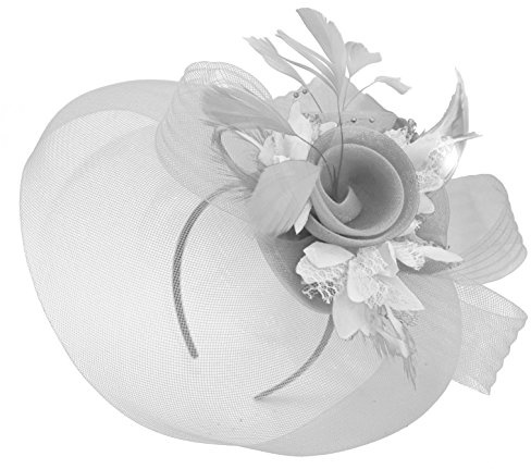 Silver fjäder blomma fascinator hatt slöja nät pannband klämma Ascot Derby tävlingar bröllop
