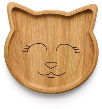 Edeldings Antibakterieller Massivholz Kinderteller KATZE 20x20 cm groß aus Eiche | Originelles süßes Kinder Geschenk aus Holz in Tier Form | Babyteller, Holzschale, Servierschale