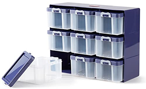 Prym 612399 Sortierkasten mit 9 Boxen, Organizer für kleinteiliges Nähzubehör, Pflaumeblau/Transparent