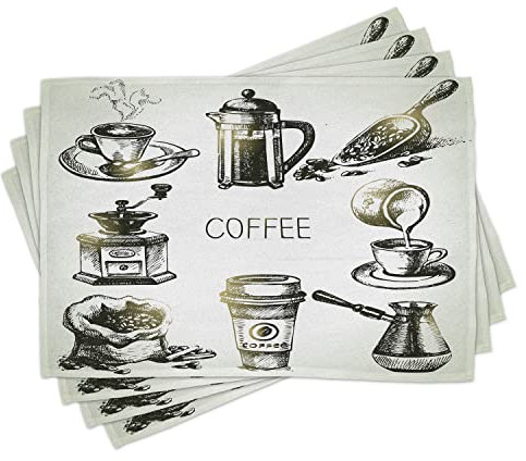ABAKUHAUS Coffee Place Mats Set of 4, Brewing Equipment Doodle, Washable Fabric Placemats for Dining Room Kitchen Table Decor, Black Yellow