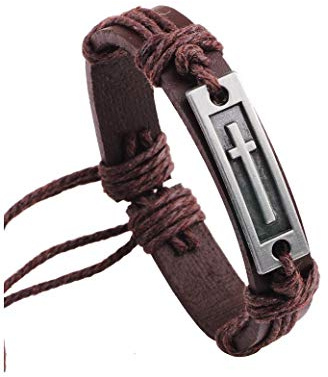 COLORFUL BLING Cross Leather Bracelet Cross Style Multi Layer Design Stainless Steel Fashion Men's Leather Bracelet Classic Gift For Men 2 Different Color Choose for Men Women - Brown