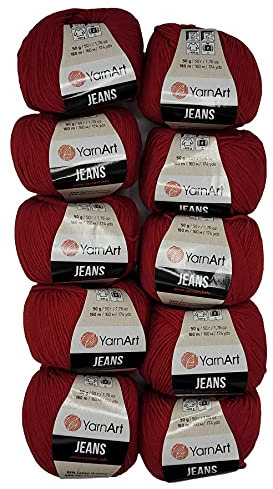 10 x 50g Strickwolle YarnArt Jeans einfarbig mit 55% Baumwolle, 500 Gramm Wolle uni (rot 51)