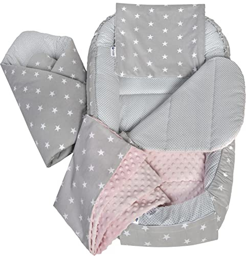 Medi Partners Babynestset för nyfödda - 100x60x15 cm 5-delat portabelt nest vändbart 100% bomull(Grå stjärnor med ljusrosa minky)