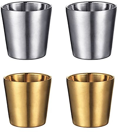 UPTALY 4 Edelstahlbecher (Gold + Silber, 180 ml/pers), unzerbrechliche Camping-Tassen, kleine Espressotasse, doppelwandige Latte-Tassen, Schnapsbecher, Becher, Kaffeetassen
