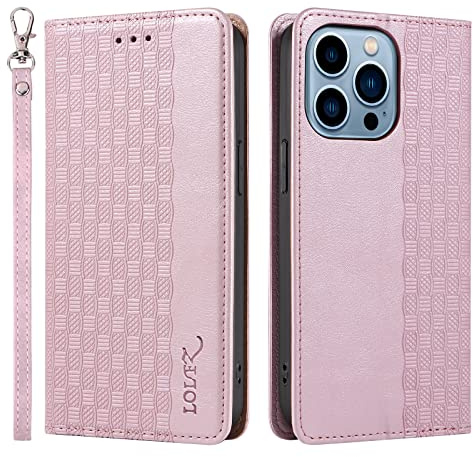 LOLFZ Case for iPhone 13 Pro Max, Leather Flip Wallet Case Card Slots Kickstand Wrist Strap Protective Magnetic Phone Case Cover for Apple iPhone 13 Pro Max - Rose Gold