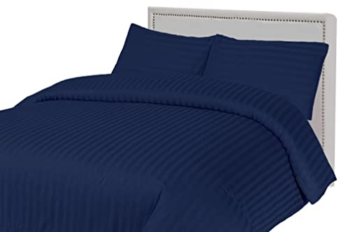 AATH COLLECTION Satin Stripe Duvet Cover Bedding Set 400 Thread Count Egyptian Cotton Duvet Set with Pillow Case. 100% Cotton Hotel Quality with Easy Closure Size (King, Navy)