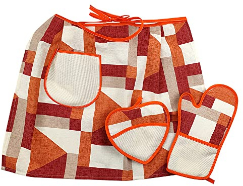 MAGIE DI CASA Tris Ricamo - Grembiule a Vita cm 50x70, presina e Guanto Forno con Inserti etamine da ricamare (Arancione)