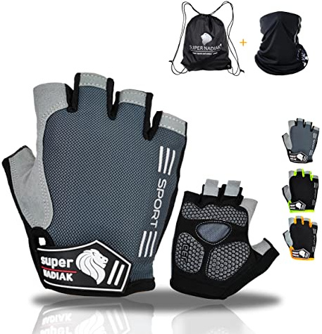 super NADIAK®Guantes de Ciclismo de Verano-Guantes de Ciclismo de Medio Dedo-Guantes de Ciclismo para Mujer-Guantes de Ciclismo de Medio Dedo para Hombre (Negro/Gris, Medium)