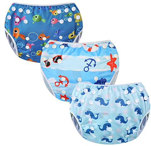 Codkkre Pannolino Nuoto Neonato Costume Neonata 3 Pz Piscina Riutilizzabile Pannolini Lavabili Contenitivo per 0-3 Anni(Pesce+spiaggia+balena)