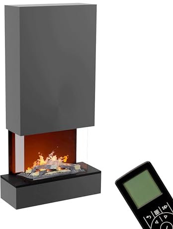 GLOW FIRE Wasserdampf Kamin HÖLDERLIN Hoch (Wandkamin) - Elektrokamin für die Wand mit realistischen LED 3D-Flammen, Knistereffekt & Fernbedienung, 80x158x40 cm, Opti-Myst 600 mit Holz-Deko, Grau