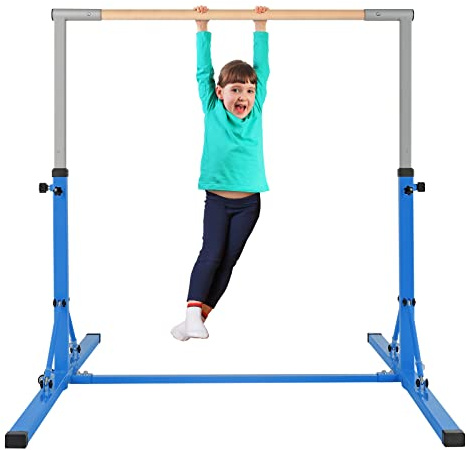 COSTWAY Gymnastik Turnreck klappbar, Turnreck 90-150cm höhenverstellbar, Reckstange mit Rollen, tragbarer Turnstangen bis 100kg belastbar, Reckanlage, Trainingsgeräte (Blau)