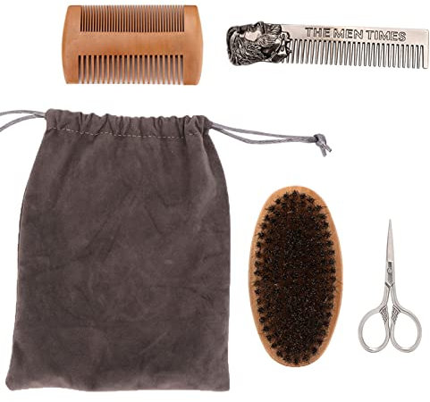 KOSDFOGE Juego para el Cuidado de la Barba, 4 Piezas para Hombres, Cepillo para el Cabello, Peine para Barba, Tijera, Juego de Herramientas para el Cuidado de la Barba(Kit)