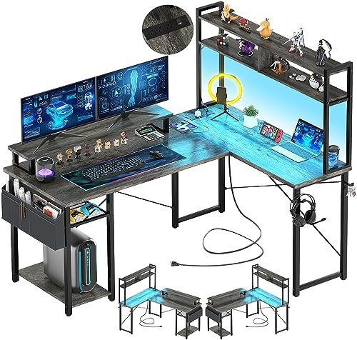 Aheaplus Small L Shaped Desk Gaming Desk with LED Lights & Power Outlets