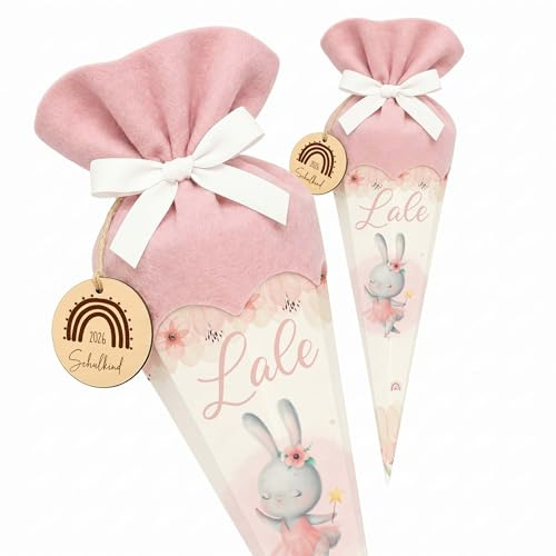 Kidsmood personalisierte Schultüte inkl. Rohling, Filz-Stoff & Holzschild, Zuckertüte als Geschenk zur Einschulung Mädchen & Jungen, Einschulungsgeschenk für Schulkind 2026 - Ballett Hase (Rosa)