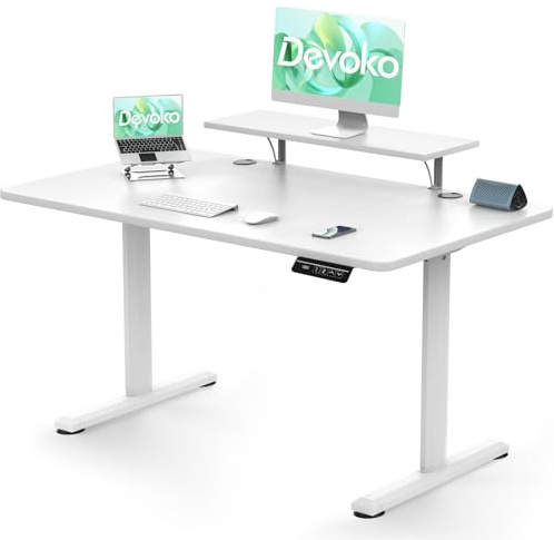 Devoko Höhenverstellbarer Schreibtisch 160×70cm mit Monitorständer, Weiß | Schreibtisch Höhenverstellbar Elektrisch mit 2 Höhen Memory-Steuerung, Ergonomisches Sitz-Stehpult