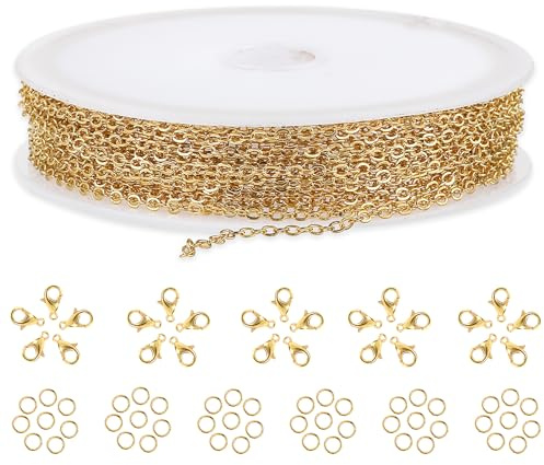 16 Feet 1.5MM DIY Link Necklace Chain - Gold Curb Chain With Lobster Clasps and Jump Rings for Making Jewelry, Earrings, Bracelets - DIY Craft Supplies