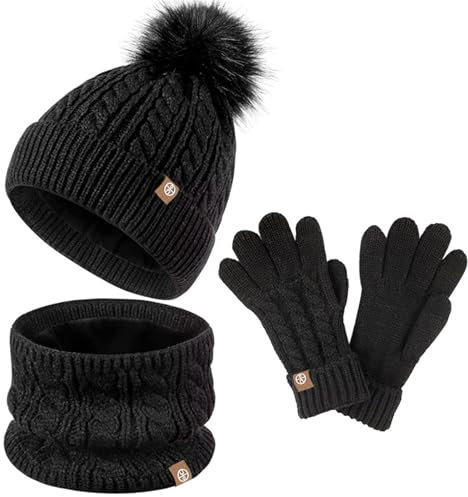 5-12 Jahre Kindermütze + Loop Schal + Handschuhe Set Winter Warme Kindermütze Kapuzenschal Damen Winter Mütze Schal Handschuhe Damen Mütze Winddicht Damen