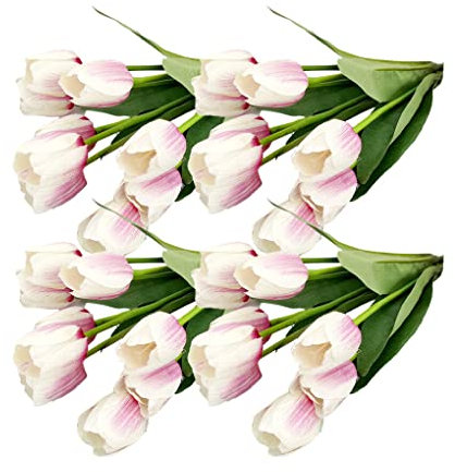 kesurpae 4X Fleurs Artificielles Real Touch 9 Têtes Bouquet Faux Tulipes De Mariage Centres De Plantes pour Fournitures De Décoration, Blanc Rose