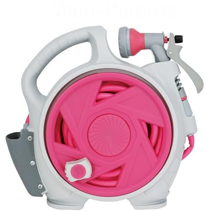 FfiMe 15m Retractable Hose Reel, Portable Simple Home Hose Reel, Garden Water Hose Reel Holder, with 7 Functional Nozzles for Watering Flowers, Washing Cars, Cleaning, Showering Pets pink