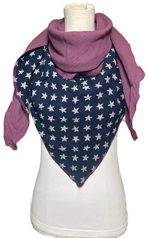Musselintuch Sterne Dunkelbau Lila Purpel doppellagiges Mussselintuch XXL Zweifarbig Dickes Musselin Halstuch extra warm Wickelschal Tuch Dreieckstuch Baumwolle Stola Handmade Schal einlagig