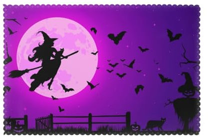 Silhouette Schöne Hexe fliegt auf Besen, waschbar, Polyester, 1–6 Sets, rutschfeste, rechteckige Tischsets für Küche, Esstisch, Tischsets, 45 x 30 cm