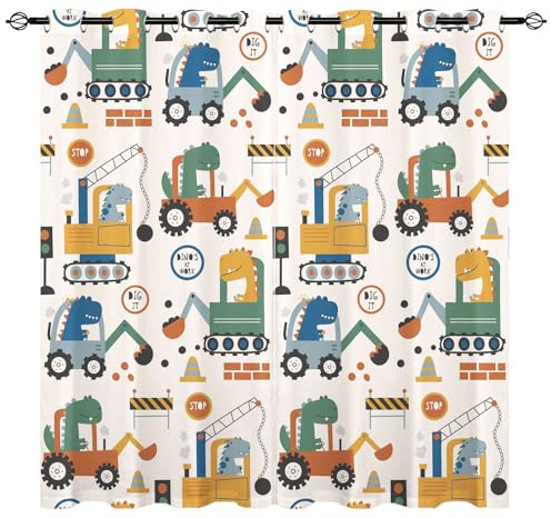 YUANZU Truck Vorhänge Kinder Dinosaurier Gabelstapler Kran Ösen Gardinen mit Blickdichte Vorhang Kälteschutz Blackout Curtain Kinderzimmer Schlafzimmer Verdunkelung Fenster, 2 Stück, H 260 x B 140 cm