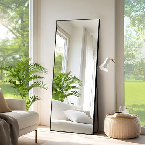 NIMURY Rechteckiger Ganzkörperspiegel, 165 x 60 cm Standspiegel mit Schwarzem Aluminiumrahmen, Groß Wandspiegel Bodenspiegel für Schlafzimmer, Eingangsbereich, Flur, Heimdekorationn
