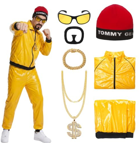 SERTAS Ali G Costume Adult 90s Rapper Costume Yellow Shell Suit with Hat Glasses Beard Dollar Chain Bracelet for Halloween Party Carnival (Red, L)