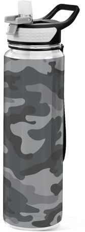 Mnsruu Transparente Sport-Wasserflasche mit Strohhalm, auslaufsichere Trinkflasche, Armee-Camouflage, nahtloses Muster, Schwarz und Grau, Fahrradflaschen für Sport, Büro, Schule, BPA-freier