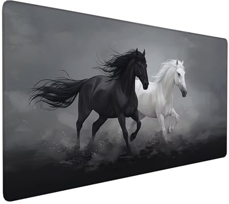 Schwarz und Weiß Mauspad 600 x 300 x 3 mm,XXL Gaming Mauspad Pferd,Verlängertes Groß Mauspad Schreibtischauflage,Wasserdicht Mauspad,Genähte Kanten Mauspad,Rutschfeste Gummibasis,Mauspad Gamer Y-455