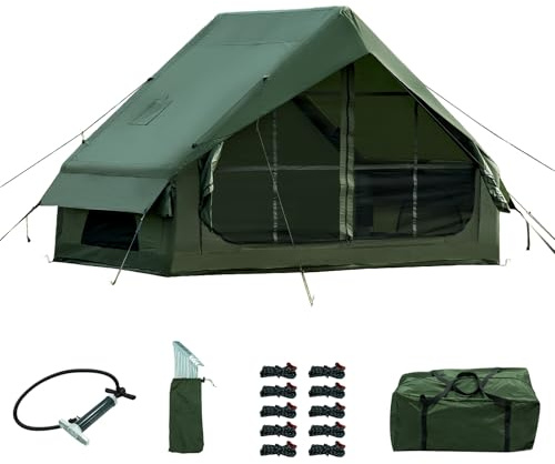 WaldZimmer 6 kvm grönt uppblåsbart campingtält med handpump enkel installation vattentätt vindtätt utomhus uppblåsningstält 3–4 personer Oxford 4 säsonger glamping lufttält stughus med nätfönster och